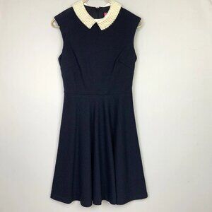 Betsey Johnson Pearl Peter Pan Collar Navy Blue Fit Flare Sleeveless Dress